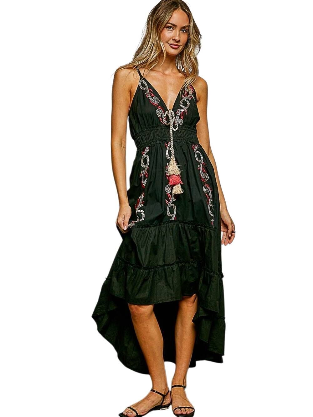 POL Embroidered Tassel Tie Smocked Waist Midi  Dress - Black sz M